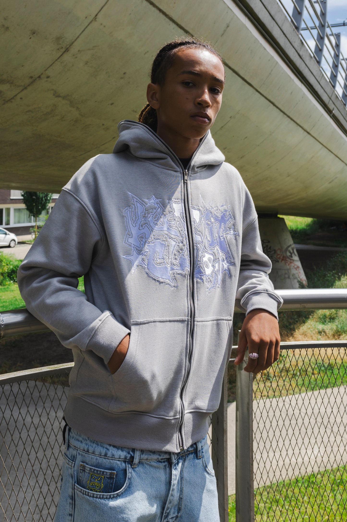 KEEP IT CLEAN - GALACTIC FULL ZIPPER HOOD - GREY/WHITE