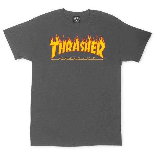 THRASHER - FLAME LOGO TEE - CHARCOAL GREY